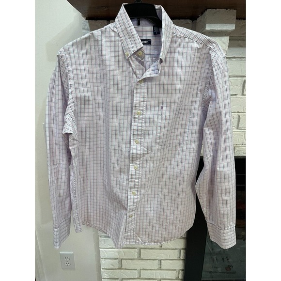 Izod Long Sleeve Button Down Men's Medium Purple White Check Cotton Shirt - Picture 1 of 6